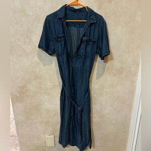 Dark Blue Denim Shirt midi Dress with Tie Waist medium